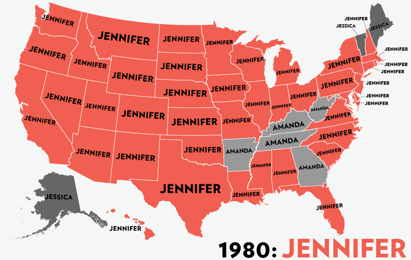 Illustration for article titled Map: Six Decades of the Most Popular Names for Girls, State-by-State